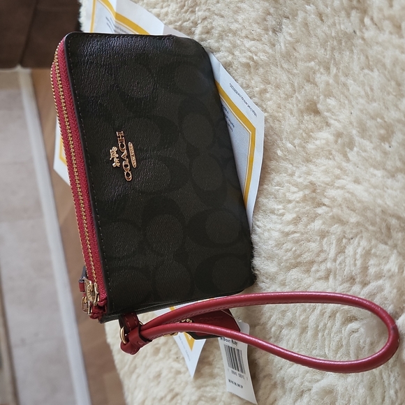 NWT Coach Double Corner Zip Brown/Ruby Signature Wristlet Bag ๐ - Picture 14 of 16